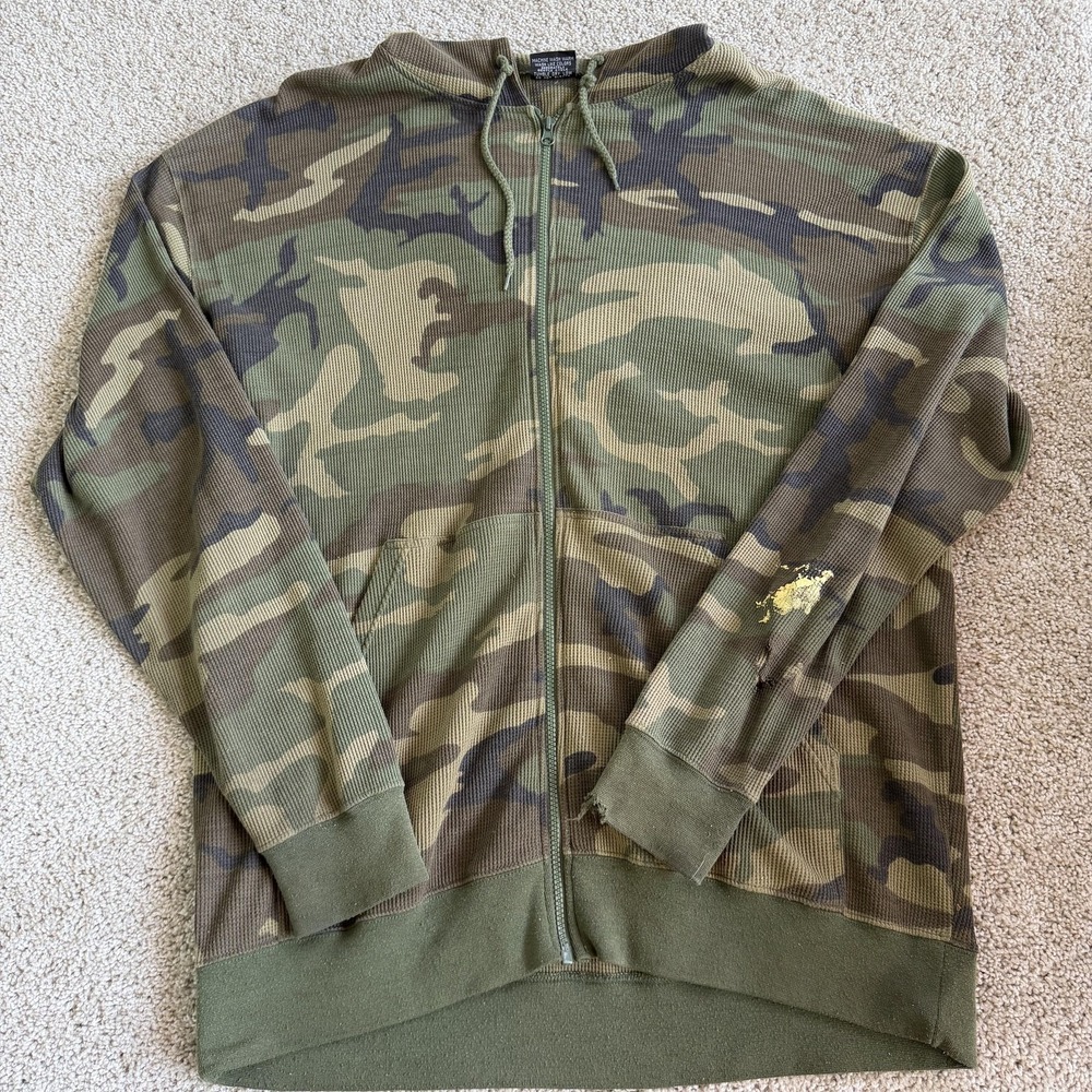 Y2K Camo Hoodie Mens XL Green Knit Zip Thermal Waffle Camo Hooded Sweatshirt